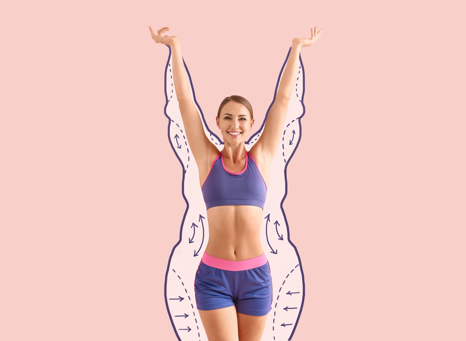 Happy Sporty Woman after Weight Loss on Color Background